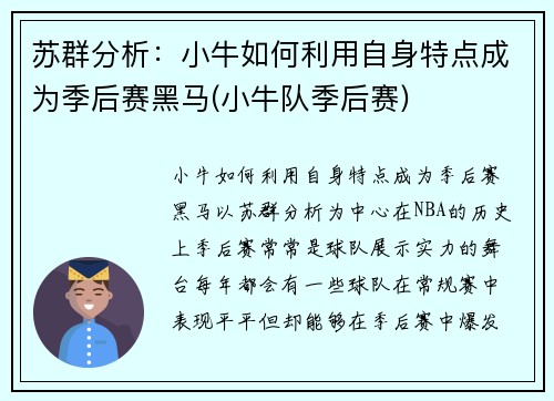 苏群分析：小牛如何利用自身特点成为季后赛黑马(小牛队季后赛)