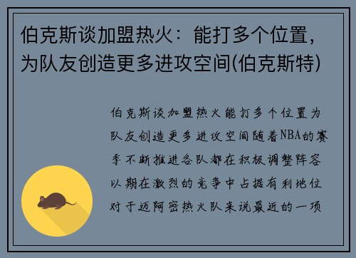 伯克斯谈加盟热火：能打多个位置，为队友创造更多进攻空间(伯克斯特)