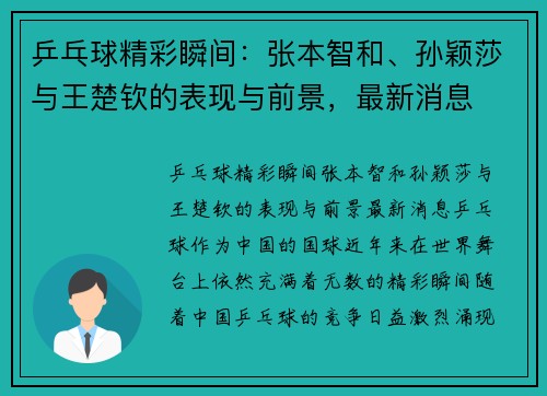 乒乓球精彩瞬间：张本智和、孙颖莎与王楚钦的表现与前景，最新消息